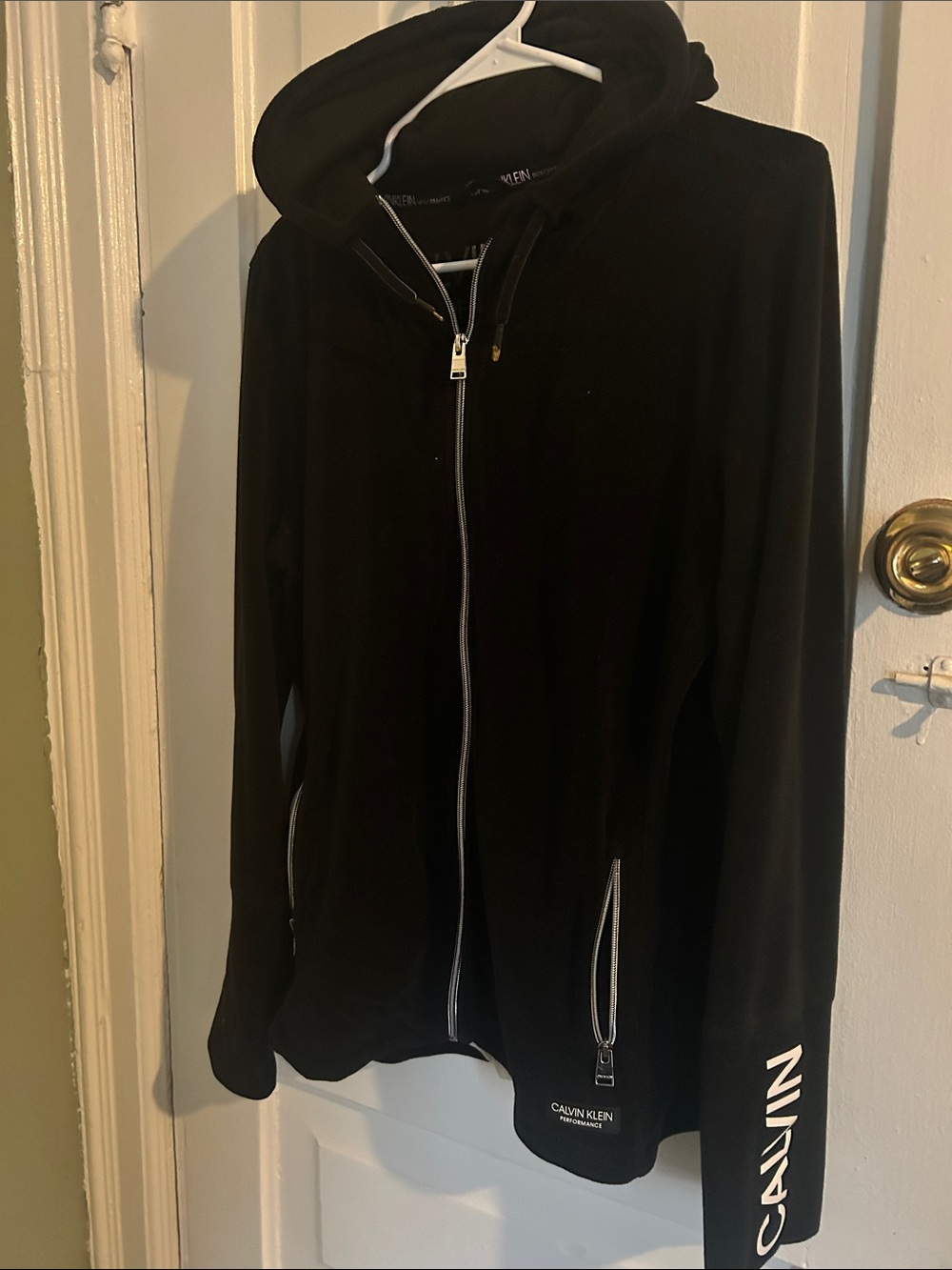 Calvin Klein Black Hooded Zip Jacket with White Logo Sleeve